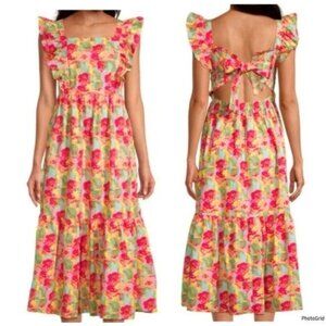 PEYTON & PARKER TIERED KEYHOLE BACK FLORAL PRINT MIDI DRESS XS